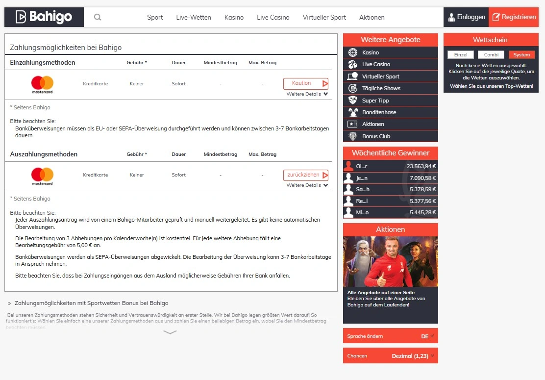 Einzahlungen im Bahigo Casino managen